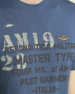 T-shirt mezza manica Aeronautica Militare ottanio con stampa scritte e logo sul petto