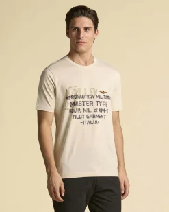T-shirt mezza manica Aeronautica Militare beige con stampa scritte e logo sul petto