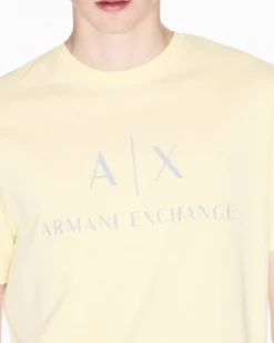 T-shirt mezza manica Armani Exchange gialla in cotone con logo AX stampato in contrasto sul petto