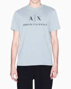 T-shirt mezza manica Armani Exchange color acqua in cotone con logo AX stampato in contrasto sul petto
