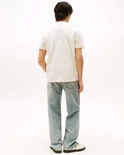 T-shirt mezza manica beige in puro cotone regular fit con scritta logo ricamata sul petto