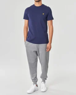 T-shirt mezza manica blu indaco in cotone con logo aquila gialla ricamata sul petto
