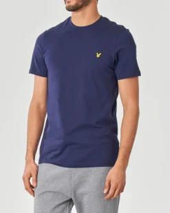 T-shirt mezza manica blu indaco in cotone con logo aquila gialla ricamata sul petto
