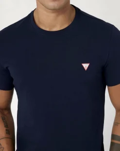 T-shirt mezza manica Guess blu in cotone stretch con stampa logo al petto