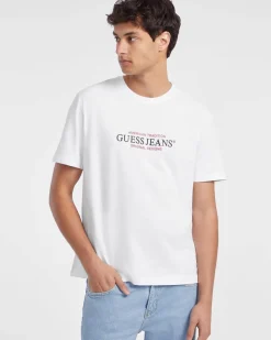 T-shirt mezza manica Guess Jeans bianca con logo stampato davanti