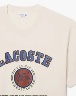 T-shirt mezza manica Lacoste panna in jersey di cotone con stampa Tennis Heritage davanti