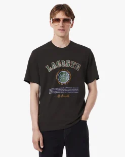 T-shirt mezza manica Lacoste marrone in jersey di cotone con stampa Tennis Heritage davanti