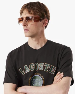 T-shirt mezza manica Lacoste marrone in jersey di cotone con stampa Tennis Heritage davanti