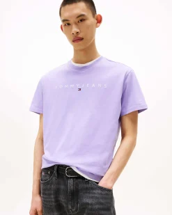 T-shirt mezza manica lilla in puro cotone regular fit con scritta logo ricamata sul petto