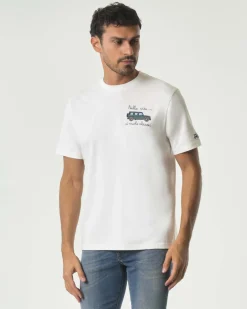 T-shirt mezza manica MC2 Saint Barth bianca in puro cotone con ricamo 'Nella Vita Ci Vuole Classe' e stampa fuoristrada sul petto