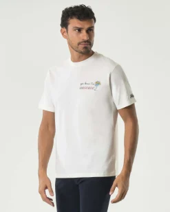 T-shirt mezza manica MC2 Saint Barth bianca in puro cotone con ricamo 'you know I'm Gindependent' e bicchiere sul petto