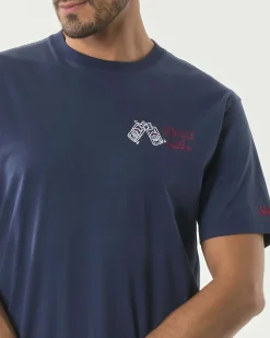 T-shirt mezza manica MC2 Saint Barth blu in puro cotone con ricamo 'Gin-Gle bells' e bottiglie sul petto
