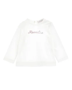 T-shirt Monnalisa bianca a manica lunga in cotone con logo rosa in strass