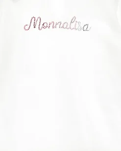 T-shirt Monnalisa bianca a manica lunga in cotone con logo rosa in strass