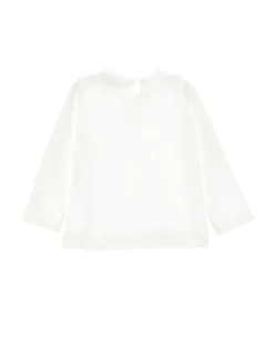 T-shirt Monnalisa bianca a manica lunga in cotone con logo rosa in strass