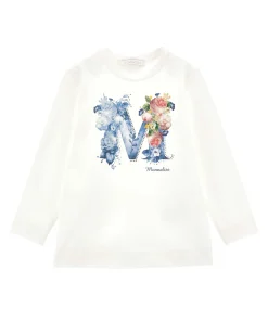 T-shirt Monnalisa bianca in cotone stretch a maniche lunghe con stampa logo floreale