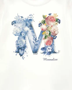 T-shirt Monnalisa bianca in cotone stretch a maniche lunghe con stampa logo floreale