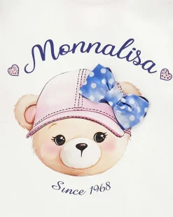 T-shirt Monnalisa bianca in cotone a maniche lunghe con stampa orsa logo