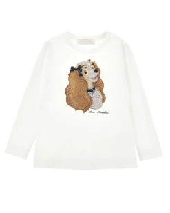 T-shirt Monnalisa bianca in cotone stretch a maniche lunghe con stampa 'Lilly' con strass