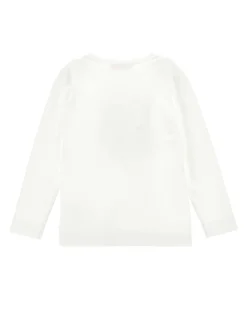 T-shirt Monnalisa bianca in cotone stretch a maniche lunghe con stampa 'Lilly' con strass