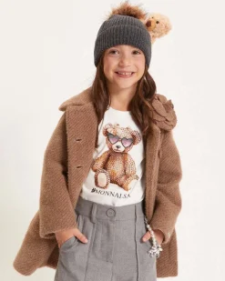 T-shirt Monnalisa bianca in cotone stretch a maniche lunghe con orsetto strass