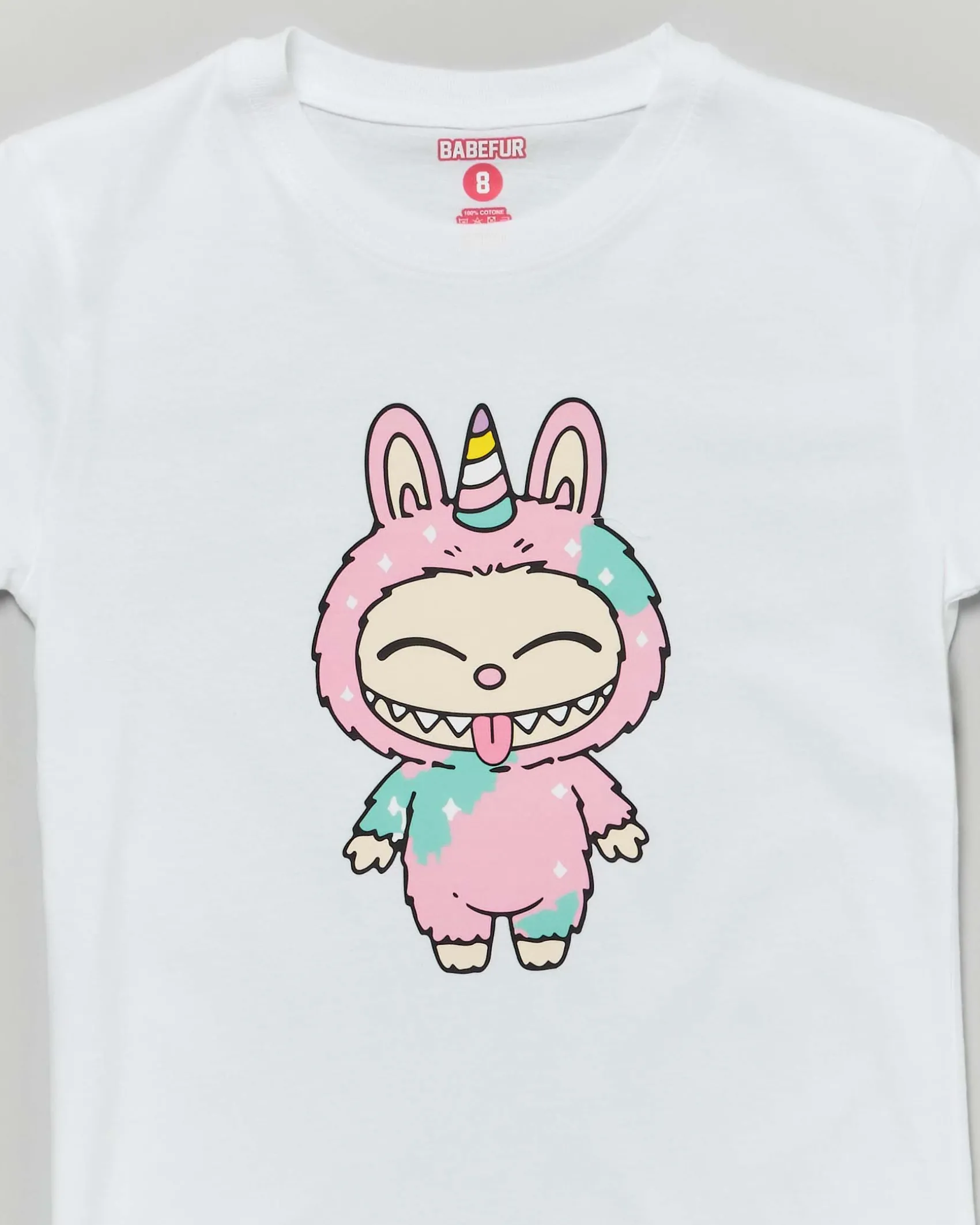 T-shirt Mousse bianca in cotone con stampa Labubu unicorno