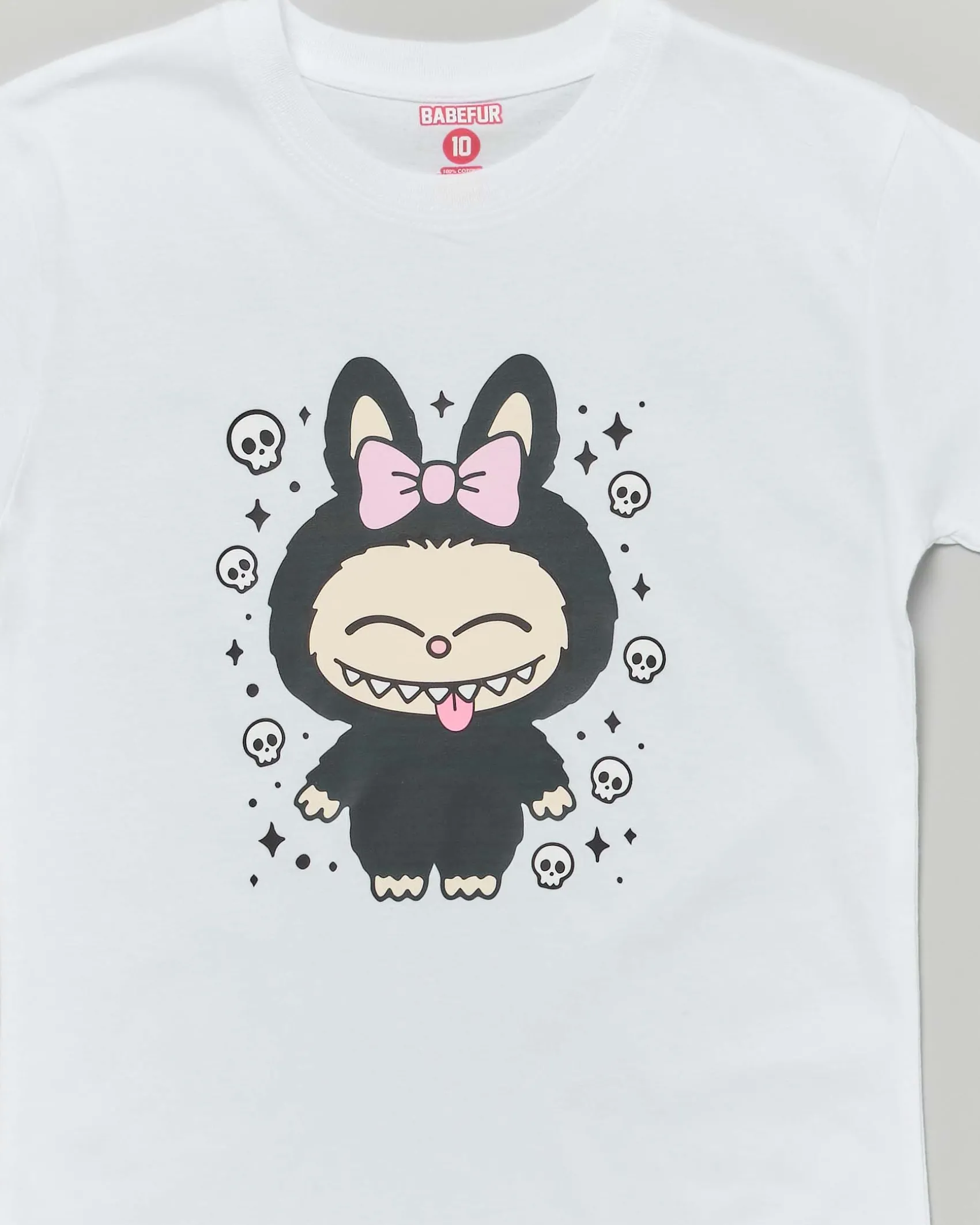 T-shirt Mousse bianca in cotone con stampa Labubu teschietti