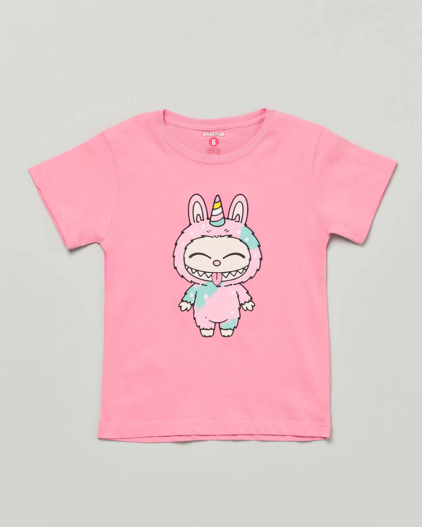 T-shirt Mousse rosa in cotone con stampa Labubu unicorno