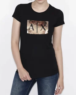 T-shirt nera Armani Exchange in cotone con logo in paillettes reversibili nel color oro