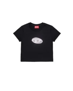 T-shirt nera Diesel in puro cotone a maniche corte con logo in paillettes argento