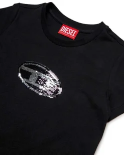 T-shirt nera Diesel in puro cotone a maniche corte con logo in paillettes argento