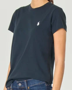 T-shirt nera girocollo in cotone con logo bianco ricamato