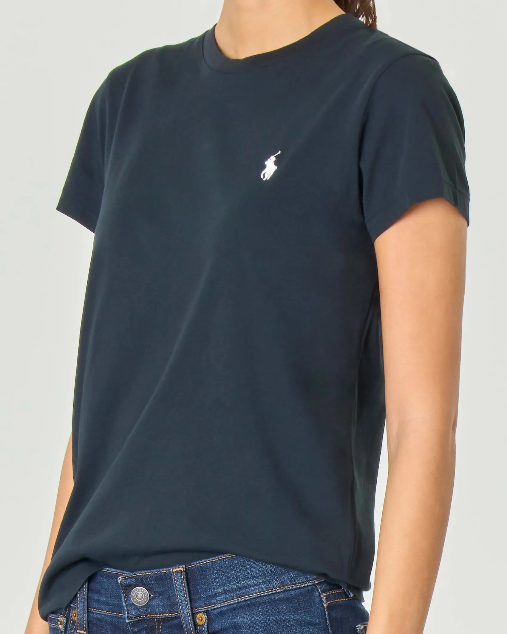 T-shirt nera girocollo in cotone con logo bianco ricamato