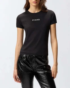 T-shirt nera in cotone a maniche corte Pinko con scritta logo nera ricamata sul petto