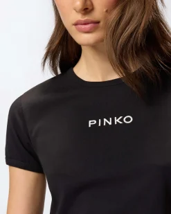 T-shirt nera in cotone a maniche corte Pinko con scritta logo nera ricamata sul petto