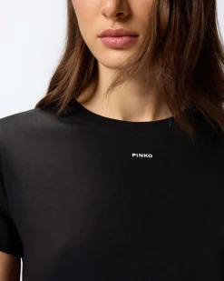 T-shirt nera in cotone a maniche corte Pinko con mini logo stampato a contrasto sul petto