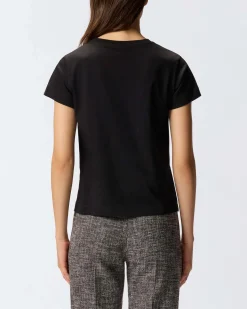 T-shirt nera in cotone a maniche corte Pinko con mini logo stampato a contrasto sul petto