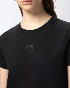 T-shirt nera in cotone Pinko con logo ricamato tono su tono sul petto