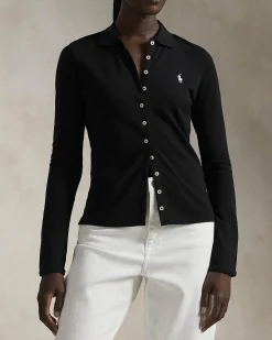 T-shirt nera in piquè di cotone a maniche lunghe con bottoni e colletto a camicia