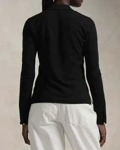 T-shirt nera in piquè di cotone a maniche lunghe con bottoni e colletto a camicia