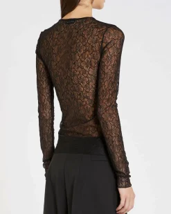 T-shirt nera Marella in pizzo stretch semi trasparente a maniche lunghe.