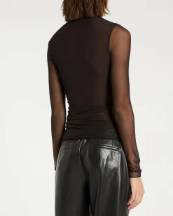 T-shirt nera Marella in tulle stretch doppiato semi trasparente a maniche lunghe