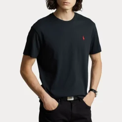 T-shirt nera mezza manica custom slim-fit con logo pony rosso