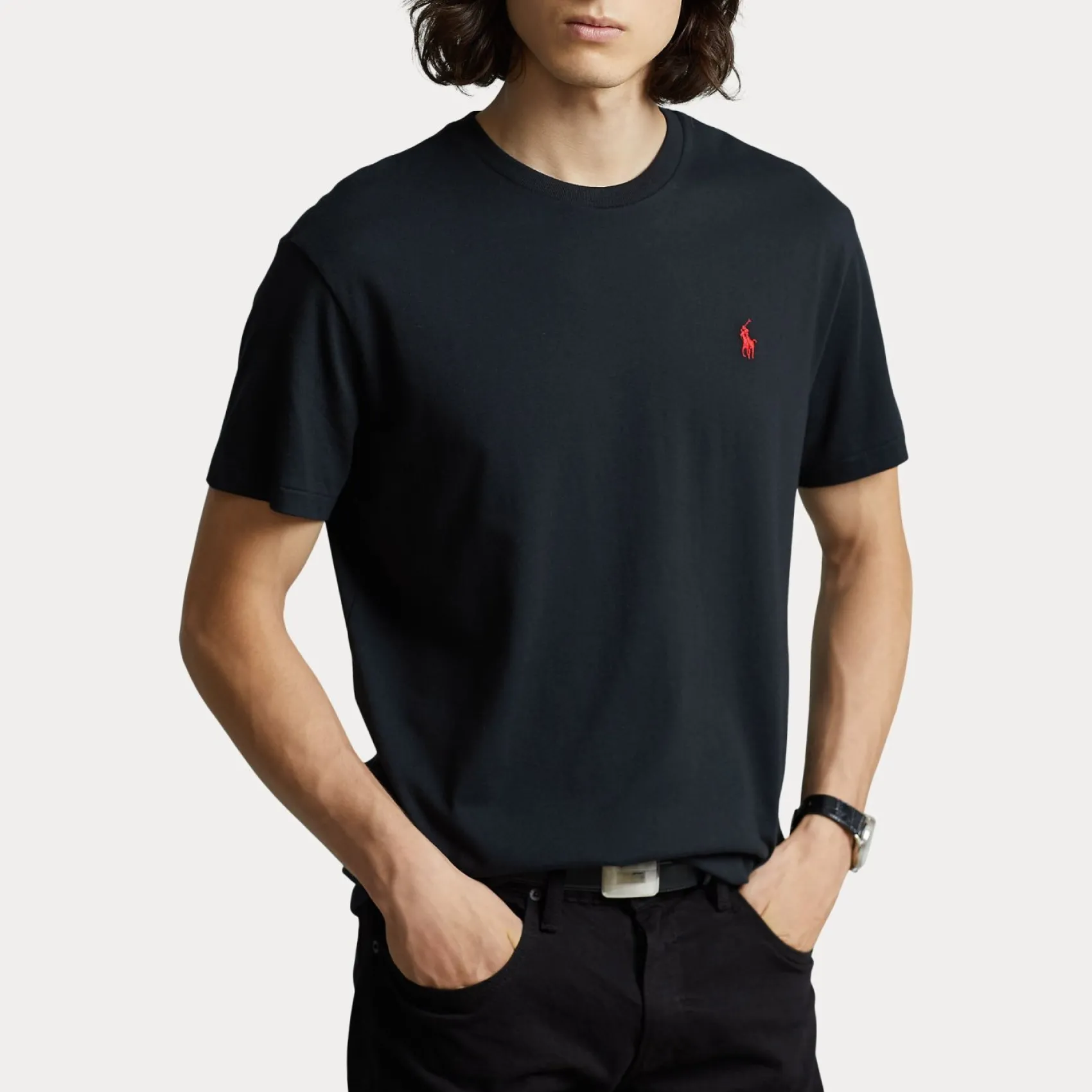T-shirt nera mezza manica custom slim-fit con logo pony rosso