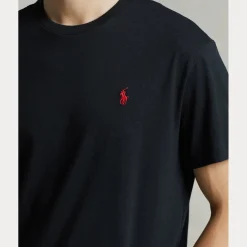 T-shirt nera mezza manica custom slim-fit con logo pony rosso