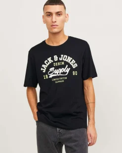 T-shirt nera regular-fit in puro cotone con stampa logo frontale in stile college frontale