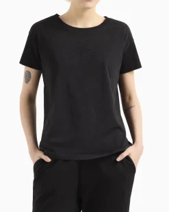 T-shirt nera relaxed-fit in jersey di puro cotone con logo piccolo in strass centrale sul petto