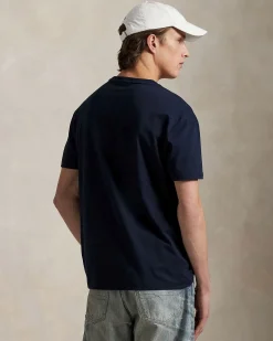 T-shirt Polo Ralph Lauren blu classic-fit mezza manica con logo scritta ricamato davanti