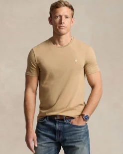 T-shirt Polo Ralph Lauren color cammello custom slim-fit in puro cotone con logo pony bianco ricamato sul petto