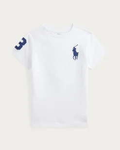 T-shirt Polo Ralph Lauren bianca girocollo con maxi logo pony e numero sulla manica
